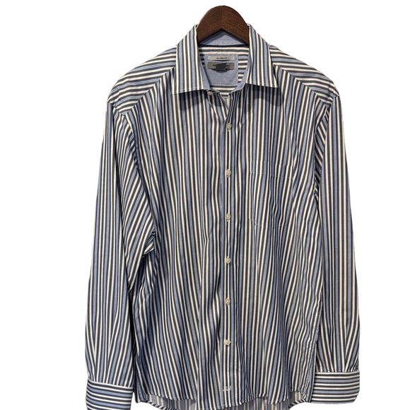 Johnston & Murphy Navy and White Striped Button-Down Dress Shirt Size L - Picture 2 of 5